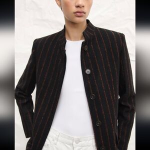 ZARA NWT S Black Orange Pinstripe Stand Collar Tailored Blazer Jacket